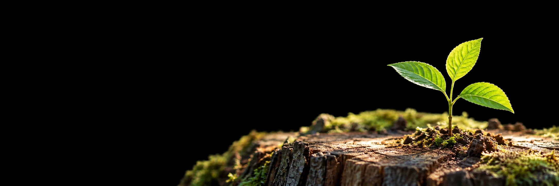 Fresh green leaves growing from a tree stump against a black background